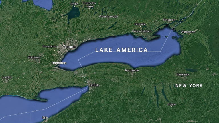 Map of Lake Ontario labeled “Lake America,” showing surrounding cities in New York and Canada.
