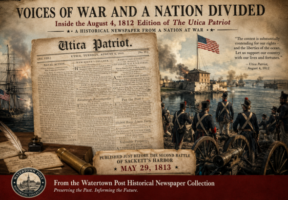 Historical illustration featuring the August 1812 Utica Patriot newspaper alongside War of 1812 ships, American soldiers, cannons and a Lake Ontario battlefield scene.