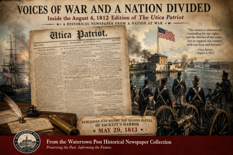 Historical illustration featuring the August 1812 Utica Patriot newspaper alongside War of 1812 ships, American soldiers, cannons and a Lake Ontario battlefield scene.
