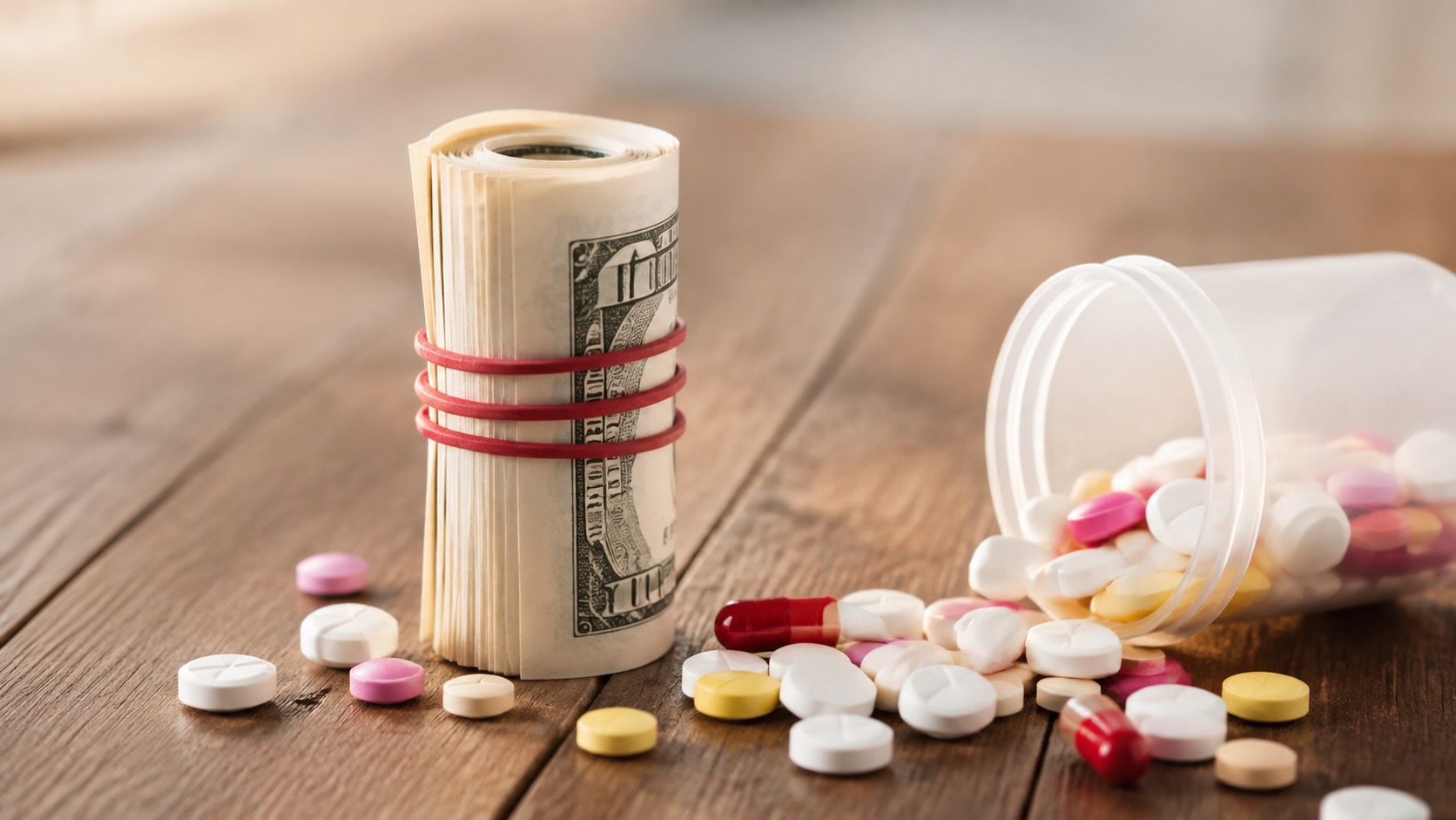 Prescription pills spilling from a bottle beside a rolled stack of U.S. currency on a wooden table.