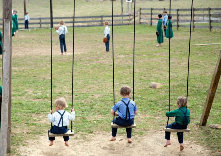 Amish children in traditional clothing playing on wooden swings in a rural schoolyard.