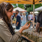 Adult customer examines cannabis flower at an outdoor farmers market-style cannabis vendor booth.