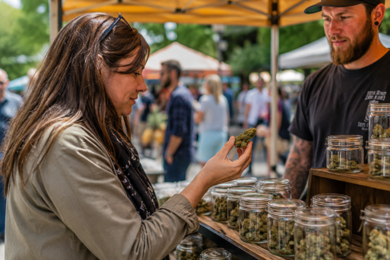 Adult customer examines cannabis flower at an outdoor farmers market-style cannabis vendor booth.