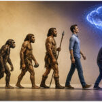 Illustration showing human evolution from early primates to modern man, ending with a person hunched over a smartphone beneath a glowing AI cloud.