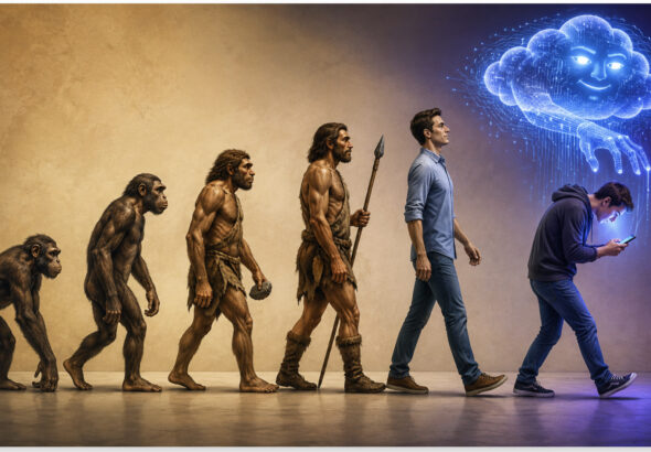Illustration showing human evolution from early primates to modern man, ending with a person hunched over a smartphone beneath a glowing AI cloud.