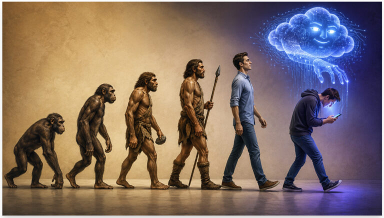 Illustration showing human evolution from early primates to modern man, ending with a person hunched over a smartphone beneath a glowing AI cloud.