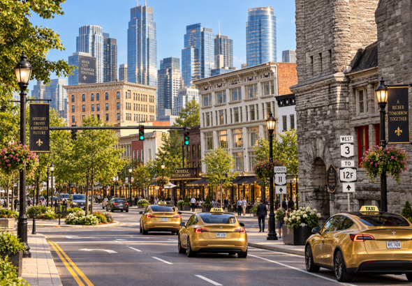Concept image of downtown Watertown, New York, modernized with preserved historic buildings, landscaped streets, gold Tesla taxis, pedestrians, and tall glass skyscrapers rising in the background.