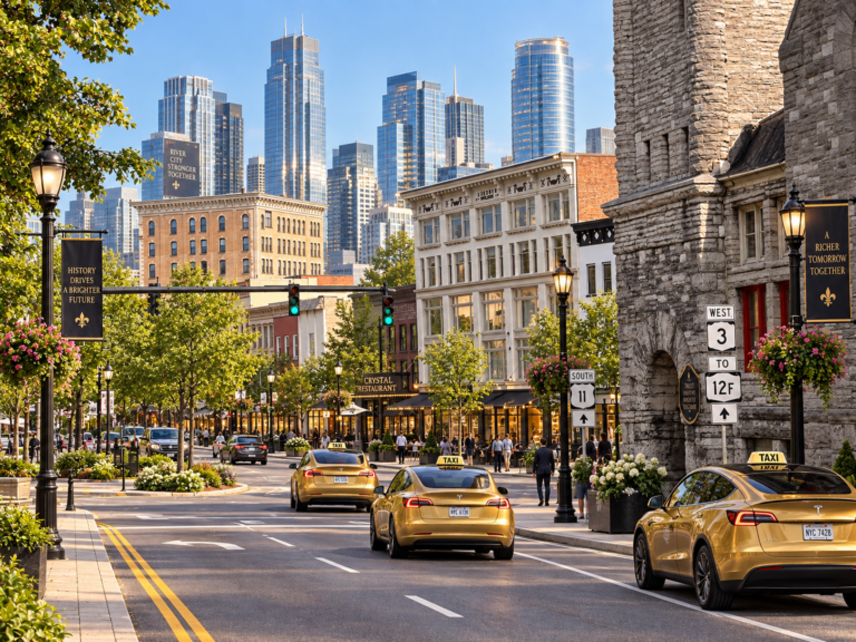 Concept image of downtown Watertown, New York, modernized with preserved historic buildings, landscaped streets, gold Tesla taxis, pedestrians, and tall glass skyscrapers rising in the background.