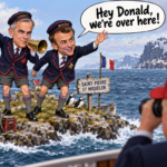 Political satire illustration showing Mark Carney and Emmanuel Macron dressed as British-style schoolboys standing on a tiny rocky island labeled Saint-Pierre et Miquelon. One is waving and the other is calling out through a brass horn, with a speech bubble saying, “Hey Donald, we’re over here!” In the foreground, a figure in a red USA hat watches from a boat with binoculars.
