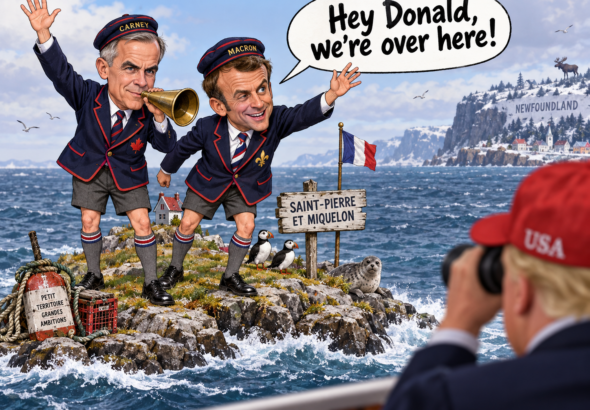 Political satire illustration showing Mark Carney and Emmanuel Macron dressed as British-style schoolboys standing on a tiny rocky island labeled Saint-Pierre et Miquelon. One is waving and the other is calling out through a brass horn, with a speech bubble saying, “Hey Donald, we’re over here!” In the foreground, a figure in a red USA hat watches from a boat with binoculars.