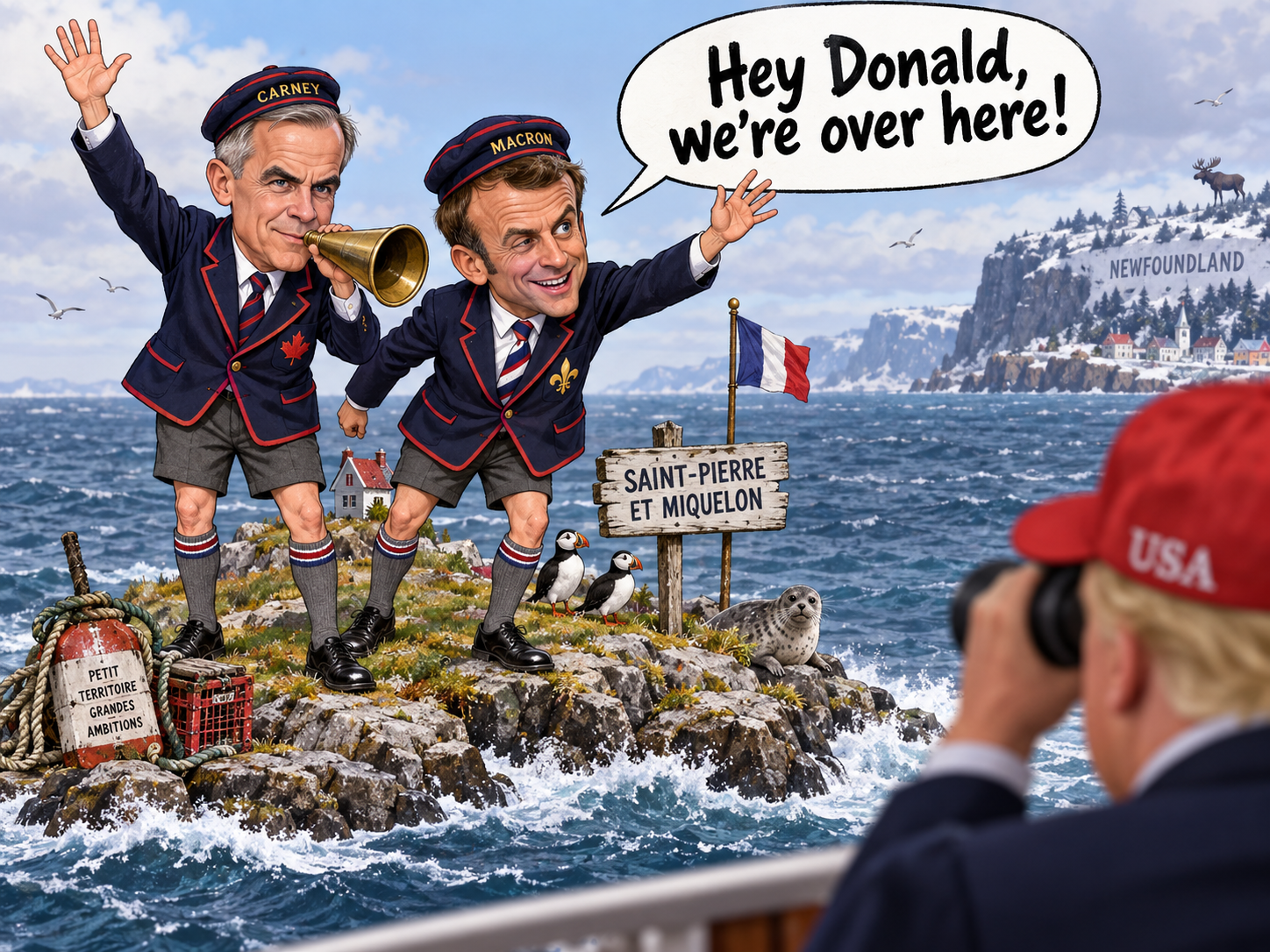 Political satire illustration showing Mark Carney and Emmanuel Macron dressed as British-style schoolboys standing on a tiny rocky island labeled Saint-Pierre et Miquelon. One is waving and the other is calling out through a brass horn, with a speech bubble saying, “Hey Donald, we’re over here!” In the foreground, a figure in a red USA hat watches from a boat with binoculars.