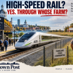 Alto high-speed train at a proposed Kingston station, with passengers on one side and an Ontario farmer and tractor beside farmland on the other, illustrating concerns about the railway crossing rural property.