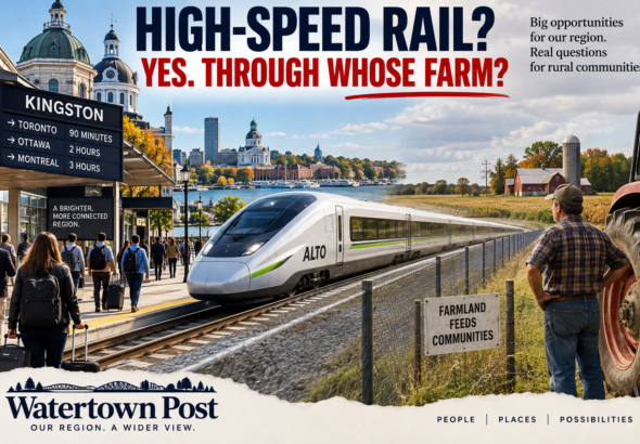 Alto high-speed train at a proposed Kingston station, with passengers on one side and an Ontario farmer and tractor beside farmland on the other, illustrating concerns about the railway crossing rural property.
