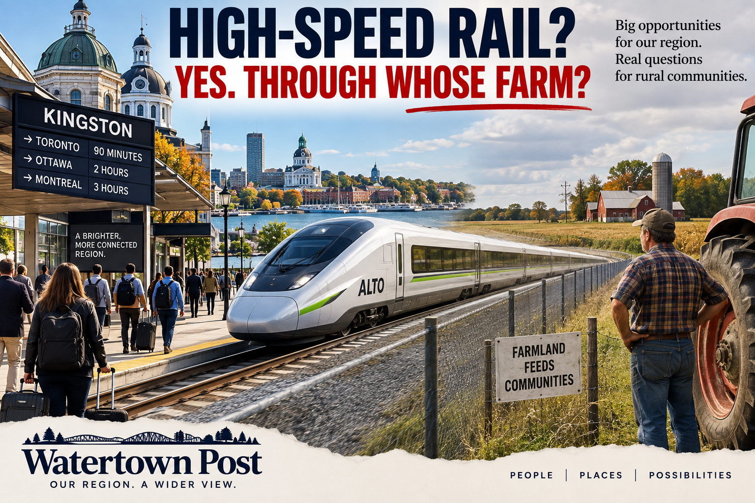 Alto high-speed train at a proposed Kingston station, with passengers on one side and an Ontario farmer and tractor beside farmland on the other, illustrating concerns about the railway crossing rural property.