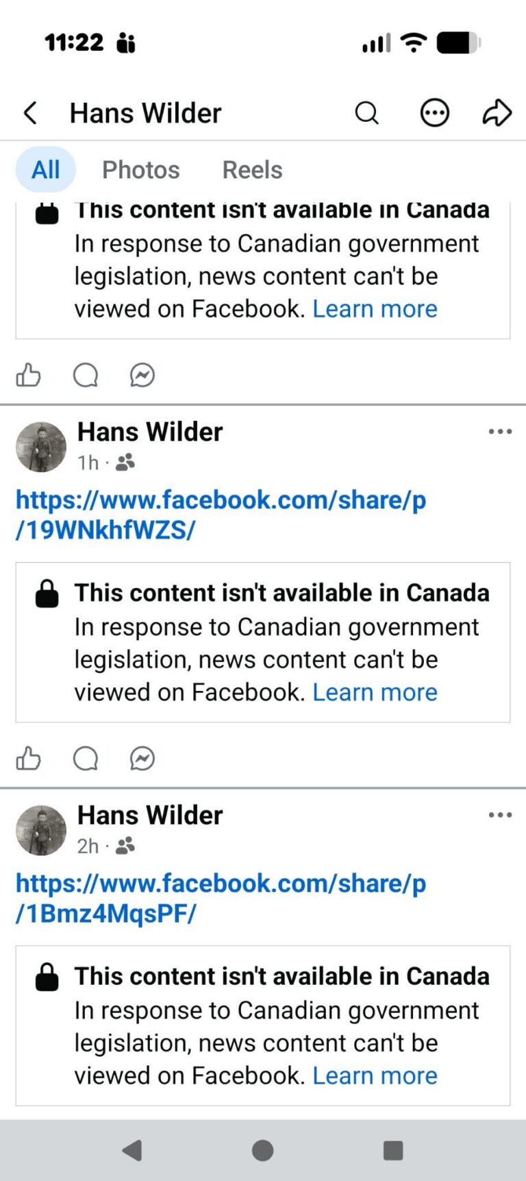 Screenshot of Facebook viewed from Canada showing multiple Hans Wilder posts blocked with the message, “This content isn’t available in Canada,” citing Canadian government legislation restricting news content.