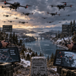 Illustration of Donald Trump and Mark Carney flying military-style drones across the U.S.-Canada border as drones swarm overhead above a river dividing the two countries.