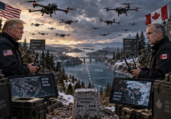 Illustration of Donald Trump and Mark Carney flying military-style drones across the U.S.-Canada border as drones swarm overhead above a river dividing the two countries.