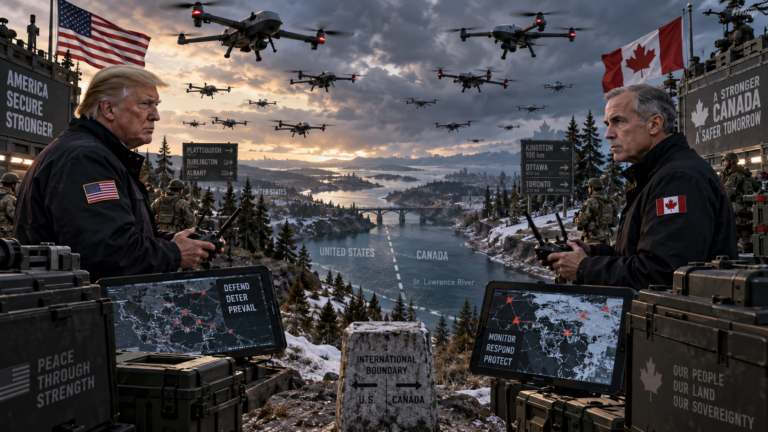 Illustration of Donald Trump and Mark Carney flying military-style drones across the U.S.-Canada border as drones swarm overhead above a river dividing the two countries.