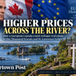 Thousand Islands waterfront homes and St. Lawrence River real estate shown alongside Canadian, European Union and American imagery.