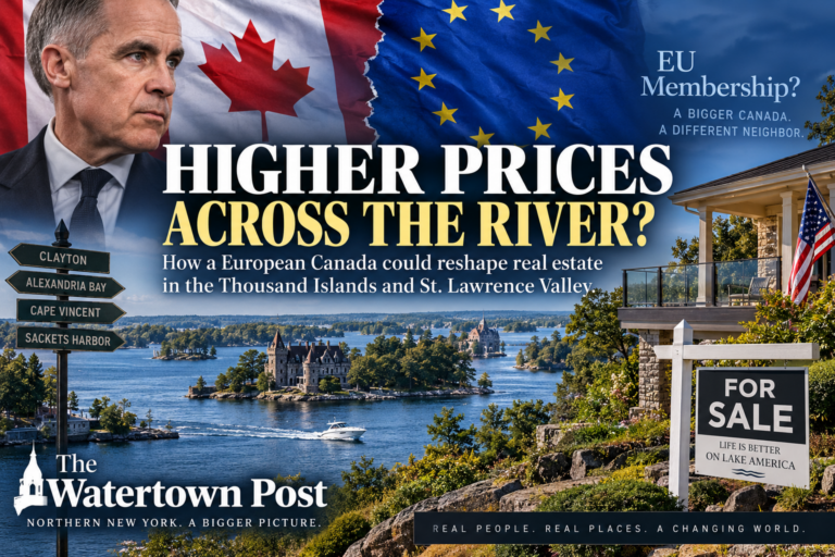 Thousand Islands waterfront homes and St. Lawrence River real estate shown alongside Canadian, European Union and American imagery.