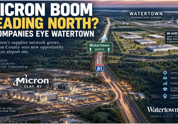 Micron semiconductor development in Clay connected by Interstate 81 to Watertown International Airport, where five Micron-related companies are considering an 88-acre industrial site.