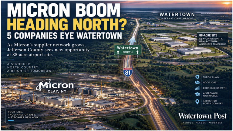 Micron semiconductor development in Clay connected by Interstate 81 to Watertown International Airport, where five Micron-related companies are considering an 88-acre industrial site.
