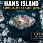Satellite-style illustration of Hans Island between Canada and Greenland, showing the former boundary line and an American flag planted at the center of the Arctic island.