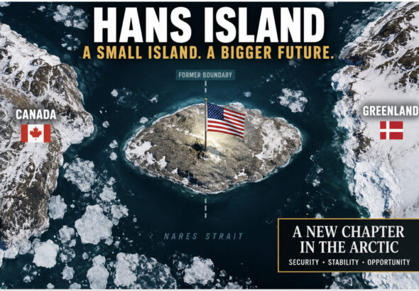 Satellite-style illustration of Hans Island between Canada and Greenland, showing the former boundary line and an American flag planted at the center of the Arctic island.