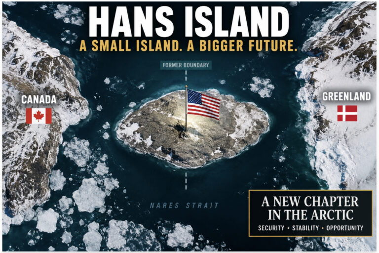 Satellite-style illustration of Hans Island between Canada and Greenland, showing the former boundary line and an American flag planted at the center of the Arctic island.