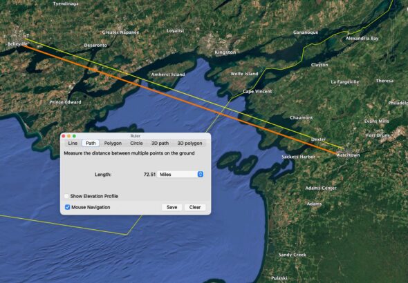 Map showing the 72.51-mile straight-line distance between Watertown, New York, and Belleville, Ontario, where a shooting occurred outside a synagogue during Yom Kippur.