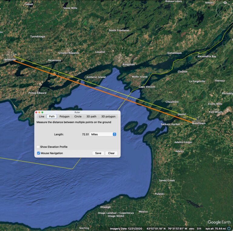 Map showing the 72.51-mile straight-line distance between Watertown, New York, and Belleville, Ontario, where a shooting occurred outside a synagogue during Yom Kippur.