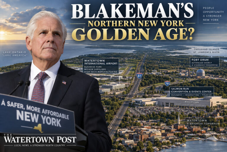 Bruce Blakeman pictured alongside a vision of Northern New York’s future, highlighting Watertown, Fort Drum, I-81, Watertown International Airport, advanced manufacturing, energy development and the Lake America region.