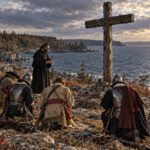 A historical illustration showing seventeenth-century French explorers and soldiers kneeling beside a massive wooden cross on the rocky shoreline of Lake Ontario while a Jesuit priest stands nearby holding a crucifix. Muskets, armor and wilderness surround the group as sunlight breaks across the lake.