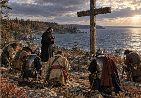 A historical illustration showing seventeenth-century French explorers and soldiers kneeling beside a massive wooden cross on the rocky shoreline of Lake Ontario while a Jesuit priest stands nearby holding a crucifix. Muskets, armor and wilderness surround the group as sunlight breaks across the lake.