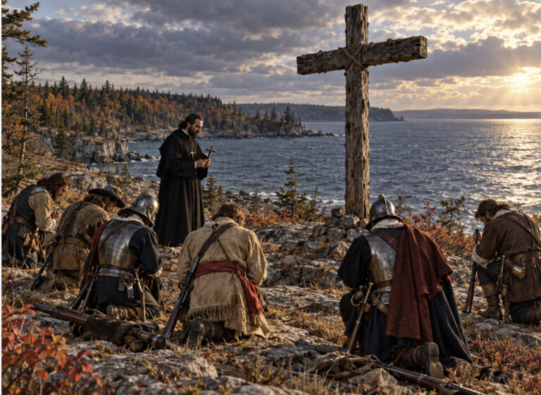 A historical illustration showing seventeenth-century French explorers and soldiers kneeling beside a massive wooden cross on the rocky shoreline of Lake Ontario while a Jesuit priest stands nearby holding a crucifix. Muskets, armor and wilderness surround the group as sunlight breaks across the lake.