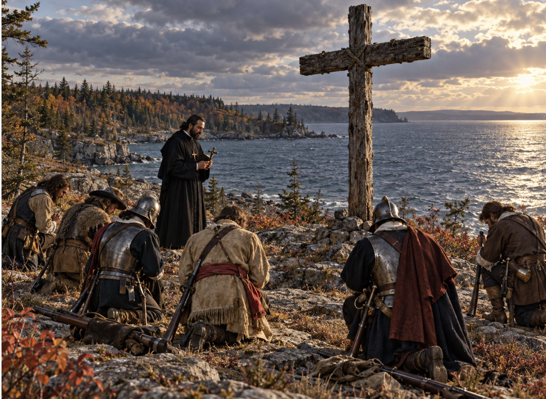 A historical illustration showing seventeenth-century French explorers and soldiers kneeling beside a massive wooden cross on the rocky shoreline of Lake Ontario while a Jesuit priest stands nearby holding a crucifix. Muskets, armor and wilderness surround the group as sunlight breaks across the lake.