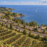 Concept rendering of the proposed Lake America National Parkway winding through apple orchards along the New York shoreline, with the wide open waters of Lake America stretching to the horizon.
