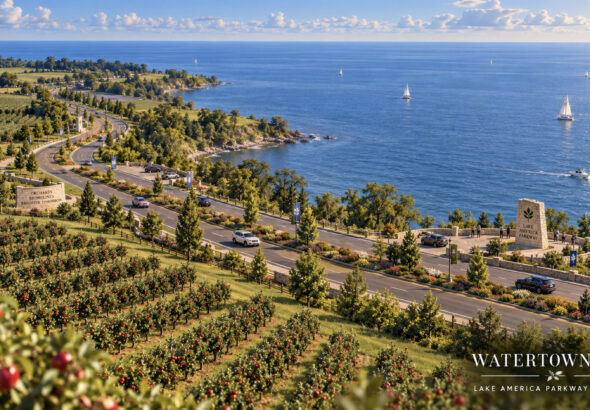 Concept rendering of the proposed Lake America National Parkway winding through apple orchards along the New York shoreline, with the wide open waters of Lake America stretching to the horizon.