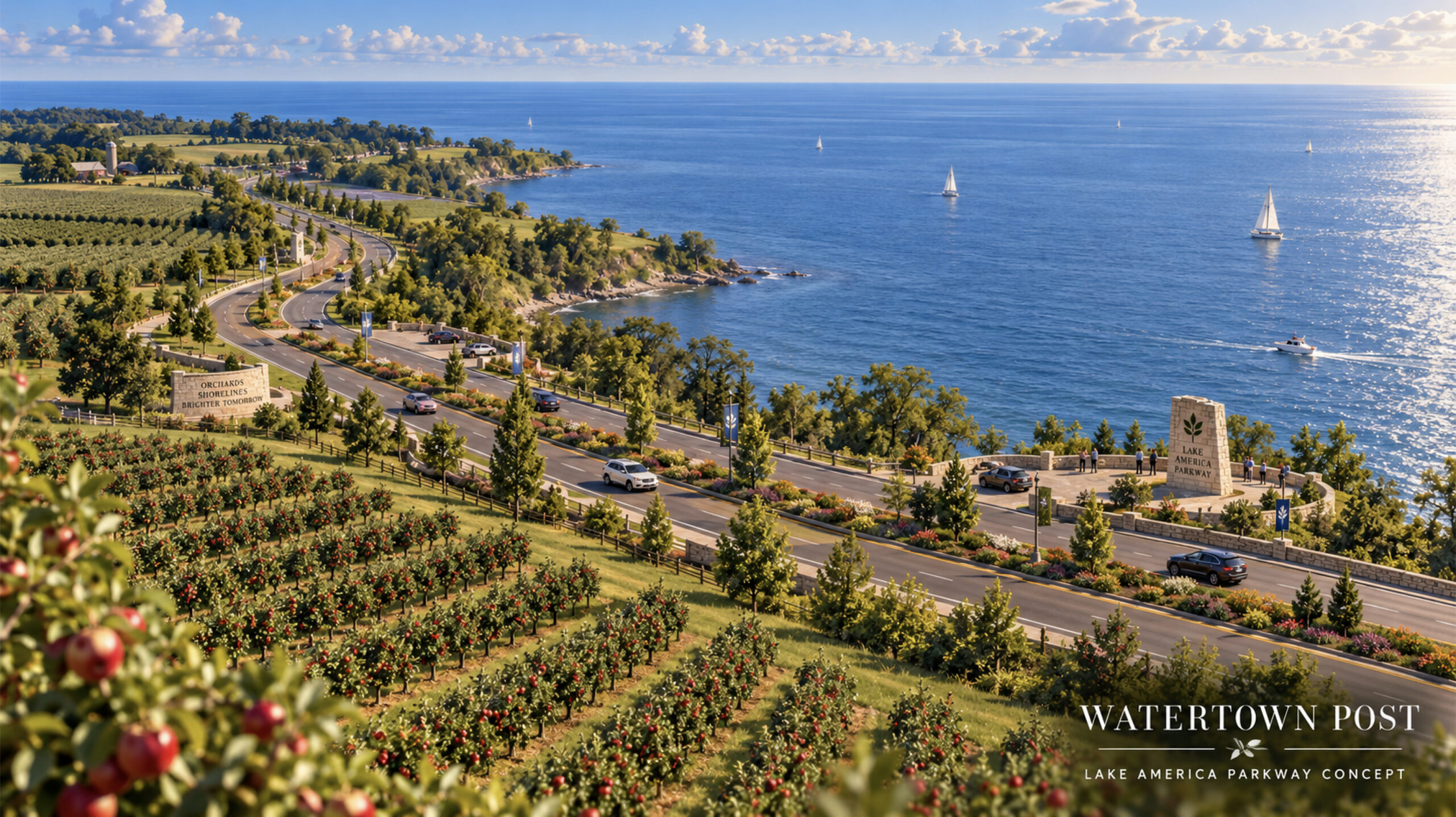 Concept rendering of the proposed Lake America National Parkway winding through apple orchards along the New York shoreline, with the wide open waters of Lake America stretching to the horizon.