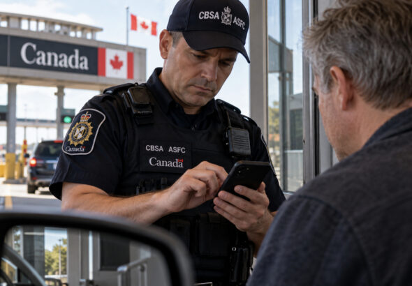 Canadian border officer examines an American traveler’s cellphone at a Canada border crossing as vehicles wait in the inspection lanes.