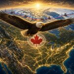 Bald eagle flying over a glowing map of North America at sunrise, with satellites, Arctic infrastructure, and a red maple leaf symbol over Canada.