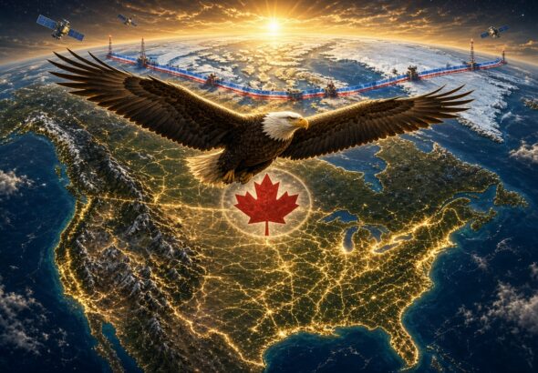 Bald eagle flying over a glowing map of North America at sunrise, with satellites, Arctic infrastructure, and a red maple leaf symbol over Canada.