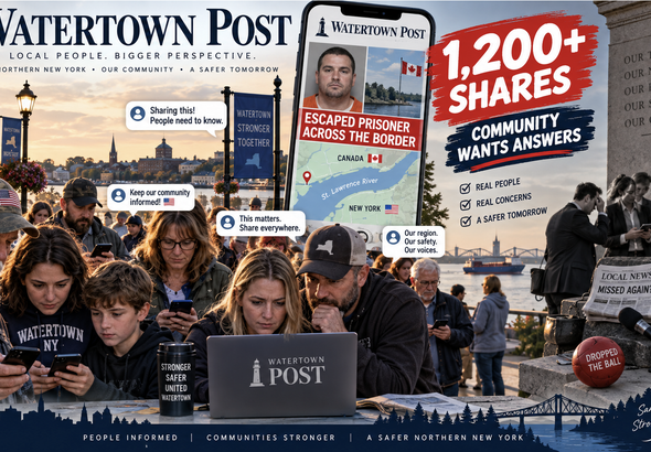 Watertown Post readers have shared the escaped-prisoner story more than 1,200 times, showing just how much concern exists across Northern New York. The concept image highlights the community’s demand for answers while questioning why much of the local mainstream media has paid so little attention to a major public-safety story happening just across the St. Lawrence River.