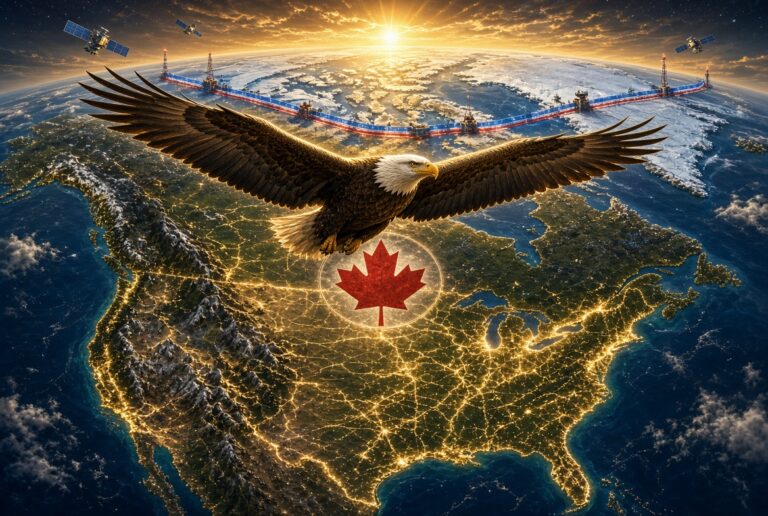 Bald eagle flying over a glowing map of North America at sunrise, with satellites, Arctic infrastructure, and a red maple leaf symbol over Canada.