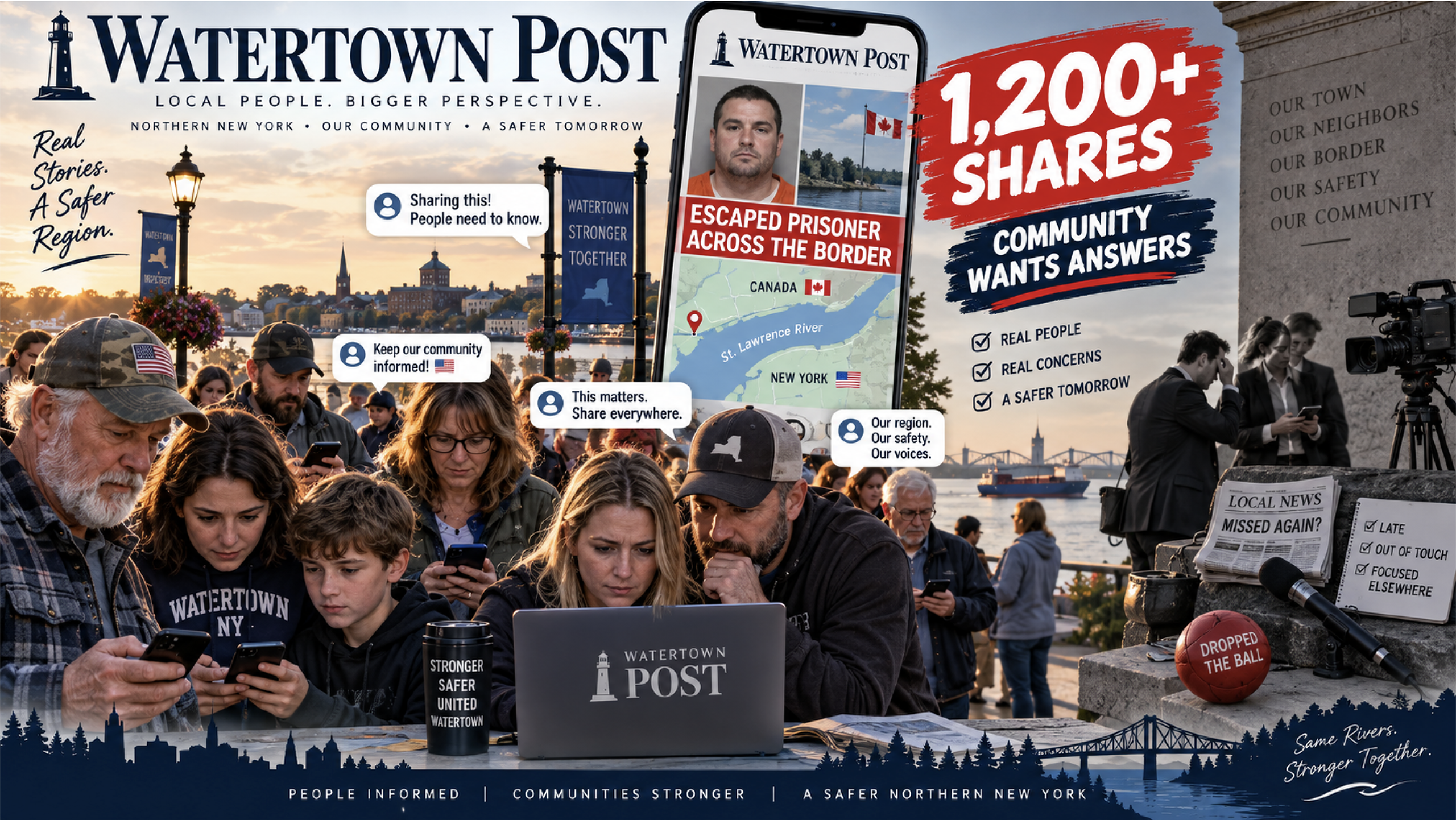Watertown Post readers have shared the escaped-prisoner story more than 1,200 times, showing just how much concern exists across Northern New York. The concept image highlights the community’s demand for answers while questioning why much of the local mainstream media has paid so little attention to a major public-safety story happening just across the St. Lawrence River.