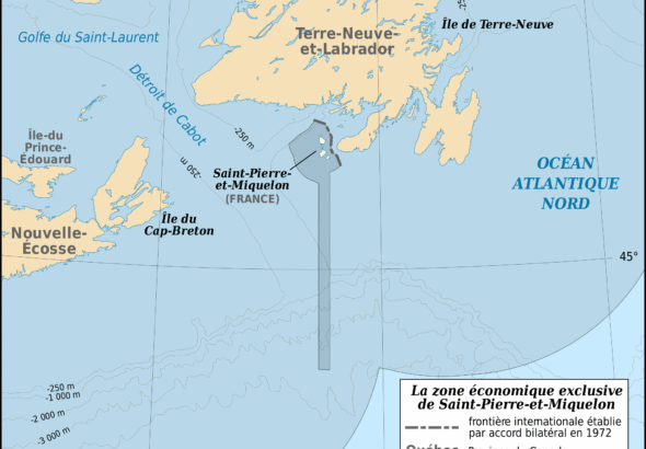 Map showing Saint-Pierre and Miquelon, the French territory south of Newfoundland, and France’s maritime zone surrounded by Canadian waters.