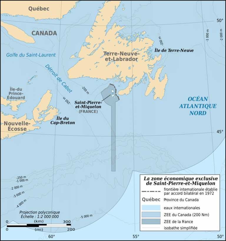 Map showing Saint-Pierre and Miquelon, the French territory south of Newfoundland, and France’s maritime zone surrounded by Canadian waters.