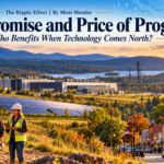 AI-generated editorial illustration showing construction workers, solar panels, a technology facility, and a North Country-style main street against a lake and mountain landscape.