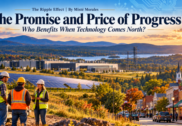 AI-generated editorial illustration showing construction workers, solar panels, a technology facility, and a North Country-style main street against a lake and mountain landscape.