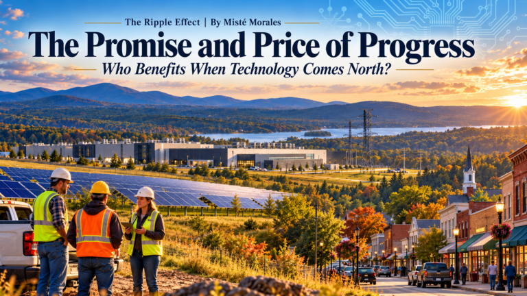 AI-generated editorial illustration showing construction workers, solar panels, a technology facility, and a North Country-style main street against a lake and mountain landscape.